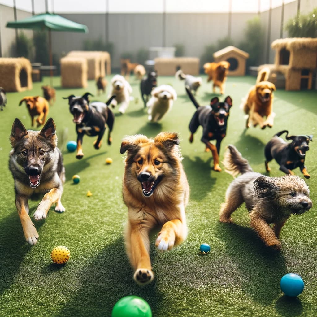 Healthy dogs playing in the daycare